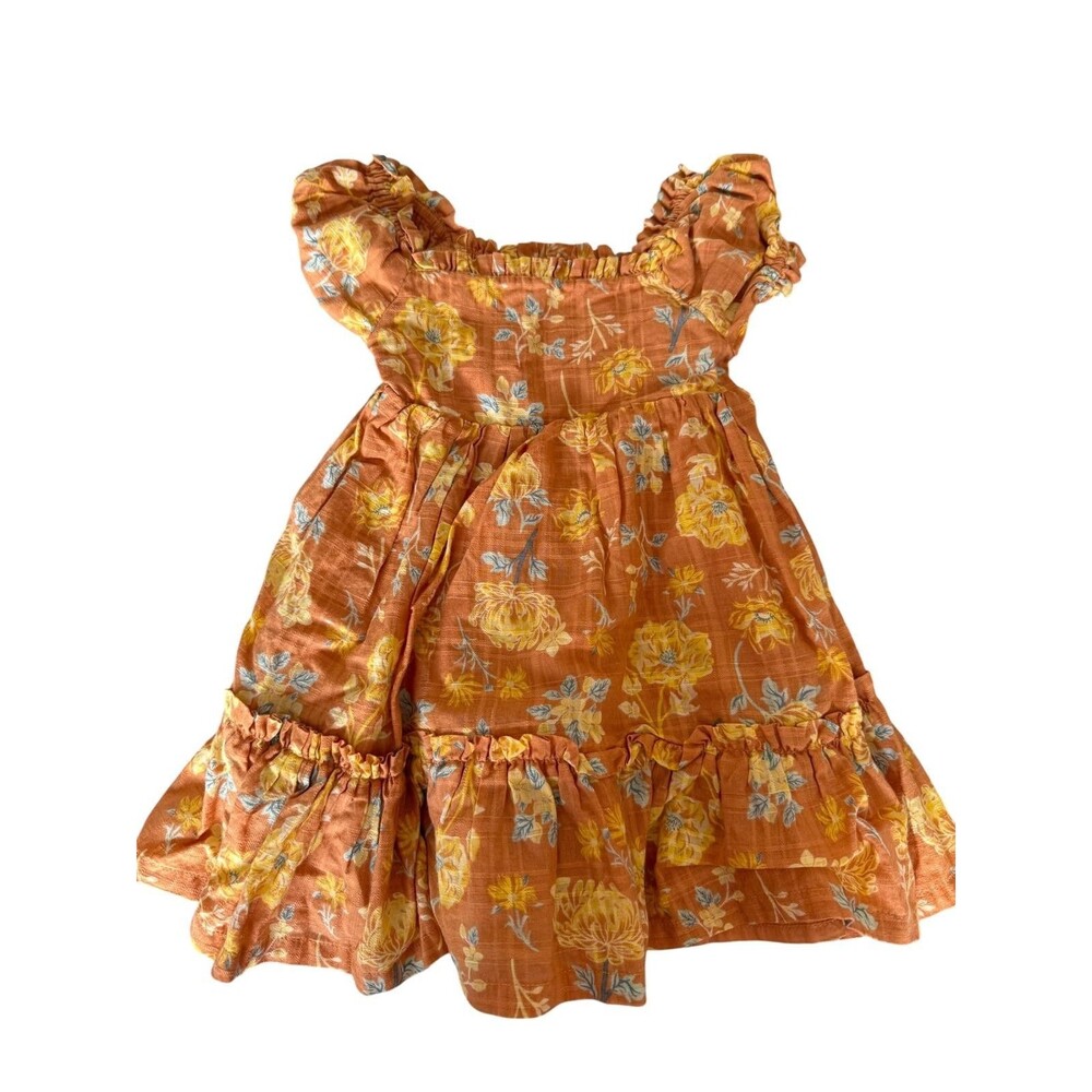 Joie Baby Girls Floral Dress 18M Orange Smocked Puff Sleeve Ruffle Boho